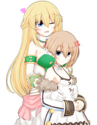 Rule 34 | 2girls, ;o, amo chenbe, anger vein, armband, bad id, bad pixiv id, bare shoulders, between breasts, blanc (neptunia), blonde hair, blue eyes, blush, breast envy, breasts, brown hair, choker, commentary request, dress, fur-trimmed jacket, fur trim, gloves, head between breasts, heart, height difference, highres, hug, hug from behind, jacket, large breasts, light frown, long hair, multiple girls, neptune (series), off shoulder, one eye closed, open mouth, own hands together, ribbon choker, short hair, simple background, small breasts, spaghetti strap, standing, vert (neptunia), white background, white dress, white jacket