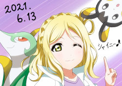 Rule 34 | 1girl, ;), absurdres, artist name, artist request, blonde hair, blush, braid, breasts, brown eyes, collarbone, creatures (company), crown braid, female focus, game freak, green eyes, hair rings, highres, jacket, looking at viewer, love live!, love live! sunshine!!, nintendo, ohara mari, one eye closed, parted lips, pink shirt, pointing, pointing up, pokemon, pokemon (creature), shirt, short hair, smile, solo, upper body, white jacket, yellow eyes