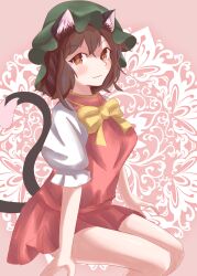 Rule 34 | 1girl, :3, absurdres, animal ear fluff, animal ears, bare legs, blush, bow, bowtie, breasts, brown eyes, brown hair, cat ears, cat tail, chen, double-parted bangs, feet out of frame, gold trim, green hat, hat, highres, invisible chair, light smile, looking at viewer, medium breasts, mob cap, multiple tails, nekomata, pink background, puffy short sleeves, puffy sleeves, red skirt, red vest, short hair, short sleeves, simple background, sitting, skirt, skirt set, solo, tail, tojin, touhou, two tails, vest, yellow bow, yellow bowtie