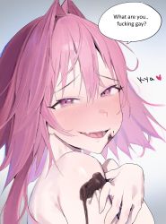 Rule 34 | 1boy, androgynous, astolfo (fate), blush, chocolate, chocolate on body, commentary, crossed arms, english text, eyelashes, fang, fate/apocrypha, fate (series), food on body, godekasu, gradient background, hair between eyes, hair intakes, hand on own shoulder, heart, long hair, looking at viewer, looking to the side, lower teeth only, male focus, open mouth, out of frame, pink hair, profanity, purple eyes, raised eyebrows, shiny skin, simple background, skin fang, smile, solo, speech bubble, teeth, tongue, topless male, upper body, yaoi