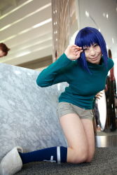 Rule 34 | ari (model), blue hair, busou renkin, cosplay, highres, photo (medium), shorts, tsumura tokiko, turtleneck