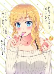 Rule 34 | 1girl, bare shoulders, blonde hair, blue eyes, blush, braid, breasts, candy, cleavage, collarbone, commentary request, earrings, easyfunkycrazy, food, hands up, heart, highres, idolmaster, idolmaster cinderella girls, jewelry, large breasts, lollipop, long hair, long sleeves, looking at viewer, nail polish, necklace, off-shoulder sweater, off shoulder, ohtsuki yui, red nails, ribbed sweater, solo, speech bubble, sweater, symbol-shaped pupils, tongue, tongue out, translation request, upper body, white sweater