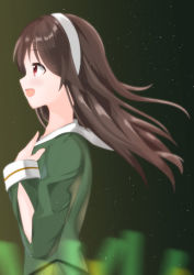 Rule 34 | .live, 1girl, :d, blush, brown hair, commentary request, floating hair, from side, green shirt, hairband, hand up, kogyokuapple, long hair, long sleeves, looking away, open mouth, profile, red eyes, sailor collar, shirt, sleeves past wrists, smile, solo, virtual youtuber, white hairband, white sailor collar, yaezawa natori
