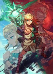 Rule 34 | 1girl, 2boys, archaic set (zelda), arm up, arrow (projectile), blonde hair, boots, clenched hand, closed mouth, collarbone, day, ganondorf, glowing, glowing hand, highres, knee boots, kuroi susumu, legs apart, link, long hair, male focus, multiple boys, nintendo, outdoors, own hands together, parted bangs, pointy ears, princess zelda, quiver, red hair, single bare shoulder, teardrop, the legend of zelda, the legend of zelda: tears of the kingdom