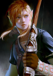 Rule 34 | 1boy, arm at side, bishounen, blonde hair, blue eyes, bow (weapon), collarbone, eyebrows, fingerless gloves, gloves, hand up, holding, holding bow (weapon), holding weapon, link, lips, long hair, looking afar, male focus, nintendo, parted lips, pointy ears, realistic, shirt, short sleeves, signature, solo, the legend of zelda, the legend of zelda: breath of the wild, upper body, watermark, weapon, web address, zumi (zumidraws)