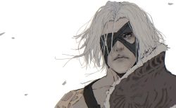 Rule 34 | 1boy, collarbone, commentary, d.k, eyepatch, looking away, male focus, medium hair, nier, nier (father), nier (series), parted hair, shoulder pads, solo, upper body, white background, white hair, wrinkled skin