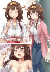 Rule 34 | 10s, 1girl, :d, ^ ^, ahoge, alternate costume, armpit peek, bag, bare shoulders, belt, blue pants, blush, breasts, brown hair, casual, chopsticks, cleavage, closed eyes, collarbone, denim, double bun, dress shirt, eating, food, gyuudon, hair bun, hair intakes, hairband, headgear, implied sex, jacket, jeans, kantai collection, kongou (kancolle), large breasts, long hair, looking at viewer, lying, multiple views, off shoulder, on back, open clothes, open jacket, open mouth, pants, pink jacket, plastic bag, purple eyes, sama samasa, shirt, sidelocks, smile, striped clothes, striped shirt, sweat, vertical-striped clothes, vertical-striped shirt