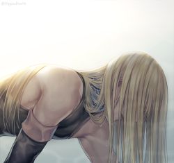 Rule 34 | 1boy, bare shoulders, blonde hair, close-up, collar, detached sleeves, falling, fate/grand order, fate (series), fionn mac cumhaill (fate/grand order), from side, gradient background, hagino kouta, long hair, male focus, pectorals, revealing clothes, simple background, solo, sweat, sweatdrop, tight clothes, toned, toned male, undressing, upper body
