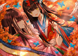 Rule 34 | 2girls, autumn, black hair, bow, brown hair, bug, butterfly, calligraphy brush, fate/grand order, fate (series), hair bow, insect, japanese clothes, kimono, layered clothes, layered kimono, long hair, multiple girls, murasaki shikibu (fate), murasaki shikibu (third ascension) (fate), paintbrush, paper, purionpurion, purple eyes, sei shounagon (fate), sei shounagon (third ascension) (fate), smile, very long hair, yellow eyes