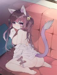 Rule 34 | 1girl, animal ear fluff, animal ears, ass, bad id, bad pixiv id, bare legs, bare shoulders, barefoot, bell, blush, breasts, bridal garter, brown hair, butterfly tattoo, cat ears, cat girl, cat tail, collared shirt, couch, dress shirt, facial mark, facial tattoo, from behind, hair bell, hair ornament, hand up, indoors, jingle bell, large breasts, long hair, looking at viewer, looking back, medium breasts, naked shirt, no bra, no panties, off shoulder, on couch, open clothes, open mouth, open shirt, original, pillow, plantar flexion, purple eyes, shirt, sideboob, sitting, sleeves past wrists, soles, solo, spread legs, tail, tattoo, toes, tsuka, twintails, wariza