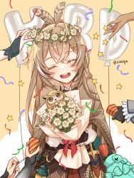 Rule 34 | 6+girls, :d, ahoge, balloon, belt, bird, birthday, bouquet, brown capelet, brown cloak, brown corset, brown hair, capelet, ceres fauna, cloak, closed eyes, confetti, corset, dagger, feather hair ornament, feathers, flower, gloves, hair ornament, hairclip, hakos baelz, happy birthday, hieroglyphics, highres, holocouncil, hololive, hololive english, hootsie (nanashi mumei), irys (hololive), knife, lantern, long hair, multicolored hair, multiple girls, nail polish, nanashi mumei, open mouth, ouro kronii, owl, partially fingerless gloves, party popper, pleated skirt, ponytail, pouch, red skirt, ribbon, shirt, skirt, smile, star (symbol), streaked hair, teeth, tsukumo sana, upper teeth only, very long hair, virtual youtuber, weapon, white shirt, wreath, zixsiga