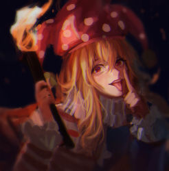 Rule 34 | 1girl, absurdres, akanbe, american flag dress, blonde hair, clownpiece, eyelid pull, frilled shirt collar, frilled sleeves, frills, hair between eyes, hat, highres, jester cap, long sleeves, looking at viewer, polka dot, qin xin, red eyes, smile, solo, tongue, tongue out, torch, touhou, upper body
