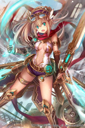 Rule 34 | 1girl, age of ishtaria, armor, armored boots, belt, blonde hair, blue eyes, boots, center opening, copyright notice, daedalus (age of ishtaria), fingerless gloves, gloves, goggles, goggles on headwear, hat, long hair, mechanical arms, navel, official art, open mouth, scarf, side ponytail, single mechanical arm, sky, solo, sword, uuta (uturautouto), weapon