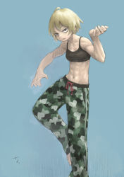 Rule 34 | 1girl, abs, bags under eyes, barefoot, blue background, camouflage, camouflage pants, female focus, highres, looking at viewer, maru8choi, navel, original, pants, parted lips, simple background, slouching, solo, sports bra, standing, standing on one leg, toned