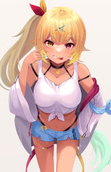 Rule 34 | 1girl, :p, absurdres, akanbe, benjamin4679, black choker, blonde hair, blue shorts, breasts, choker, commentary request, crop top, dark-skinned female, dark skin, eyelid pull, hair ribbon, highres, hoshikawa sara, hoshikawa sara (1st costume), jacket, large breasts, long hair, long sleeves, nijisanji, off shoulder, open clothes, open jacket, open mouth, panty straps, red eyes, ribbon, shirt, short shorts, shorts, side ponytail, solo, swimsuit, thigh strap, tied shirt, tongue, tongue out, virtual youtuber, white jacket, white shirt, wide sleeves, yellow eyes