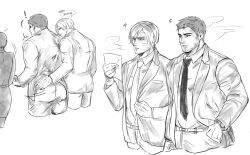 Rule 34 | !, 2boys, bandaid, bandaid on cheek, bandaid on face, bara, belt, chris redfield, clenched hand, collared shirt, dae p88, facial hair, greyscale, hand in pocket, jacket, leon s. kennedy, male focus, monochrome, multiple boys, muscular, muscular male, open clothes, open jacket, pants, resident evil, resident evil 6, shirt, short hair, translation request, watch, wristwatch, yaoi