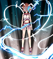 Rule 34 | 1girl, action, bare arms, bare shoulders, blue eyes, breasts, brown hair, collarbone, commentary, debris, electricity, electrokinesis, energy, fantasy, female focus, floating, floating hair, flying, full body, glowing, glowing eyes, gym shorts, gym uniform, levitation, looking at viewer, magic, misaka mikoto, misaka mikoto level 6 shift, navel, parted lips, psychic, raika9, science fiction, shirt, shoes, short shorts, shorts, sleeveless, sleeveless shirt, small breasts, solo, spoilers, thighs, toaru kagaku no railgun, toaru majutsu no index, torn clothes, transformation, white eyes, white footwear, white shirt, white shorts