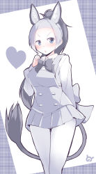 Rule 34 | 1girl, absurdres, animal ears, black bow, black hair, blouse, blue eyes, blush, bow, bowtie, breasts, collared shirt, donkey (kemono friends), donkey ears, grey hair, grey skirt, heart, high ponytail, highres, japari symbol, kanzakietc, kemono friends, kemono friends 2, long hair, looking at viewer, medium breasts, overalls, pantyhose, parted lips, ponytail, shirt, skirt, solo, tail, very long hair, white pantyhose, white shirt