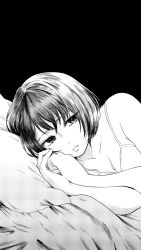 Rule 34 | 1girl, bare arms, bare shoulders, bed, bed sheet, black background, bra, breasts, cleavage, commentary request, dutch angle, greyscale, highres, looking at viewer, lying, medium breasts, monochrome, nikaidou kou, on bed, on side, original, parted lips, pillow, short hair, simple background, solo, underwear