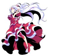 Rule 34 | 1girl, alphes (style), capelet, closed mouth, dairi, dress, eyebrows, facing away, fingernails, floating hair, full body, hair between eyes, hair bobbles, hair ornament, highres, leg up, long fingernails, long hair, long sleeves, looking back, one side up, parody, red capelet, red dress, red footwear, sharp fingernails, shinki (touhou), shoes, smile, solo, style parody, touhou, touhou (pc-98), transparent background, white eyes, white hair