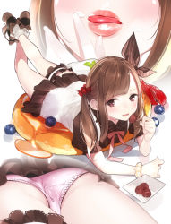 Rule 34 | 1girl, ama mitsuki, ass, blueberry, blush, bridal garter, brown eyes, brown hair, candy, chocolate, dress, eating, food, food-themed hair ornament, food on face, frills, fruit, hair ornament, hair ribbon, high heels, highres, holding, licking lips, lips, long hair, looking at viewer, lying, multiple views, on stomach, original, oversized object, pancake, panties, pantyshot, pink panties, plate, polka dot, polka dot panties, puffy short sleeves, puffy sleeves, ribbon, scrunchie, shoes, short sleeves, simple background, socks, strawberry, sweets, swept bangs, syrup, tongue, tongue out, toothpick, twintails, underwear, upskirt, white background, white legwear, wrist scrunchie