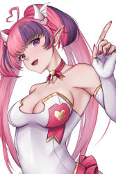 Rule 34 | 1girl, absurdres, ahoge, bow choker, breasts, choker, cleavage, demon girl, demon horns, demon wings, elbow gloves, fingerless gloves, gloves, hair ornament, head wings, heart, heart ahoge, heart hair ornament, highres, horns, ironmouse, ironmouse (race queen), large breasts, leotard, long hair, looking at viewer, multicolored hair, nail polish, open mouth, pink hair, pink nails, pointy ears, purple eyes, purple hair, race queen, red choker, smile, solo, streaked hair, twintails, virtual youtuber, vshojo, white gloves, white leotard, wings, yiotaart