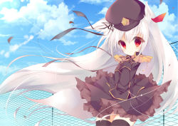 Rule 34 | 1girl, animal ears, bad id, bad pixiv id, chain-link fence, cloud, day, fence, frilled skirt, frills, hat, long hair, looking at viewer, mizu (nonbiri), original, red eyes, silver hair, skirt, sky, smile, solo, tail, thighhighs, very long hair, wind, wolf ears, wolf tail, zettai ryouiki