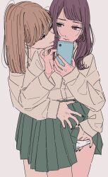 Rule 34 | 2girls, black nails, brown hair, brown nails, brown shirt, cellphone, closed mouth, collared shirt, commentary, dress shirt, eye contact, green skirt, grey background, groping, hand in another&#039;s panties, highres, holding, holding phone, hug, hug from behind, kamatama rom, long hair, long sleeves, looking at another, multiple girls, nail polish, original, panties, phone, pleated skirt, purple eyes, purple hair, school uniform, shirt, simple background, skirt, smartphone, swept bangs, underwear, white panties, yuri