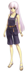 Rule 34 | 00s, 1girl, alternate costume, ar tonelico, ar tonelico i, ar tonelico ii, belt, blue eyes, braid, female focus, full body, gust, long hair, nagi ryou, official art, overall shorts, overalls, sandals, scan, shurelia (ar tonelico), simple background, solo, tank top, twin braids, white hair