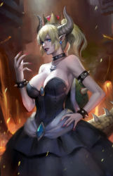 Rule 34 | 1girl, black dress, blonde hair, blue eyes, borrowed character, bowsette, breasts, cleavage, crown, dress, earrings, fingernails, fire, horns, jewelry, large breasts, lips, lipstick, makeup, mario (series), nail polish, necklace, new super mario bros. u deluxe, nintendo, phamoz, pointy ears, ponytail, red lips, red nails, sharp fingernails, shell, skull necklace, sleeveless, sleeveless dress, solo, strapless, strapless dress, super crown, tail