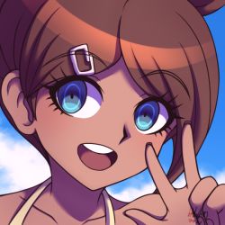 Rule 34 | 1girl, 2021, :d, asahina aoi, blue eyes, brown hair, cloud, commentary, danganronpa: trigger happy havoc, danganronpa (series), dark-skinned female, dark skin, day, green eyes, hair ornament, hairclip, inglebard, open mouth, ponytail, portrait, short hair, signature, smile, solo, teeth, upper teeth only, w, watermark
