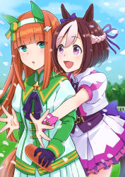 Rule 34 | 2girls, :d, :o, animal ears, artist name, black gloves, blunt bangs, blunt ends, blush, bow, braid, brown hair, carrot, collared dress, commentary request, dress, ear ribbon, fence, french braid, gloves, grass, green eyes, happy, highres, holding, holding carrot, horse girl, horse tail, kokko, long hair, long sleeves, looking at viewer, multicolored hair, multiple girls, open mouth, orange hair, puffy short sleeves, puffy sleeves, purple eyes, purple ribbon, ribbon, short hair, short sleeves, sidelocks, silence suzuka (umamusume), smile, special week (umamusume), tail, tongue, two-tone hair, umamusume, white dress, white hair, wing collar, wrist cuffs