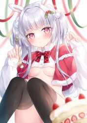 Rule 34 | 1girl, animal ears, areola slip, black thighhighs, blurry, blurry background, bow, breasts, cake, capelet, christmas, closed mouth, commentary request, crop top, depth of field, feet out of frame, food, fork, fruit, fur-trimmed capelet, fur trim, grey hair, hands up, highres, holding, holding fork, knees together feet apart, knees up, kohinata hoshimi, long hair, long sleeves, looking at viewer, original, pinching sleeves, plaid, plaid bow, puffy long sleeves, puffy sleeves, rabbit ears, red bow, red capelet, red eyes, simple background, sitting, sleeves past wrists, small breasts, smile, solo, strawberry, thighhighs, two side up, underboob, very long hair, white background