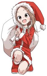 Rule 34 | 10s, 1girl, :d, absurdres, alternate costume, brown eyes, brown hair, carrying, carrying over shoulder, child, christmas, commentary request, dress, forehead, full body, fur trim, hat, highres, karakai jouzu no takagi-san, long hair, long sleeves, looking at viewer, on one knee, open mouth, parted bangs, red dress, sack, santa costume, santa hat, simple background, smile, solo, takagi-san, tareme, white background, yamamoto souichirou