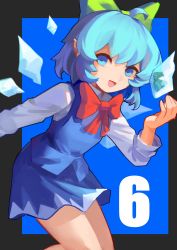 Rule 34 | 1girl, :d, absurdres, ahoge, black border, blue background, blue dress, blue eyes, blue hair, border, bow, bowtie, cirno, commentary, cowboy shot, cryokinesis, dress, english commentary, flat chest, frozen frog, green bow, hair between eyes, hair bow, hand up, highres, ice, ice wings, kawuyuckie, long sleeves, looking at viewer, open mouth, pinafore dress, pointy ears, red bow, red bowtie, second-party source, shirt, simple background, sleeveless dress, smile, solo, thighs, touhou, white shirt, wing collar, wings