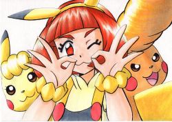 Rule 34 | 1girl, :3, blunt bangs, closed mouth, commentary request, creatures (company), double ok sign, eyelashes, game freak, gen 1 pokemon, hairband, hands up, highres, looking at viewer, medium hair, nintendo, ok sign, oka mochi, one eye closed, orange eyes, orange hair, pikachu, pikala, pokemon, pokemon (anime), pokemon (creature), pokemon ears, pokemon sm (anime), scrunchie, smile, traditional media, upper body, white background, wrist scrunchie, yellow hairband