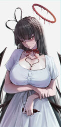 Rule 34 | 1girl, absurdres, alternate costume, ankoku kishi m, black hair, blood, blood halo, blue archive, blush, breasts, chocolate, chocolate on body, chocolate on breasts, dress, food on body, hand on own arm, highres, large breasts, liquid halo, long hair, neck ribbon, red ribbon, ribbon, solo, tsurugi (blue archive), white dress