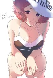 Rule 34 | backlighting, black one-piece swimsuit, breasts, hat, head tilt, highres, komugi (mugiwaraclub), legs together, makeup, okumura haru, one-piece swimsuit, persona, persona 5, persona 5 scramble: the phantom strikers, shaded face, simple background, solo, swimsuit, white background, white hat
