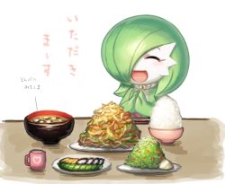 Rule 34 | 1girl, ^ ^, blush, blush stickers, bob cut, bowl, chopsticks, closed eyes, collar, colored skin, creatures (company), cup, donburi, drink, female focus, flat chest, food, game freak, gardevoir, gen 3 pokemon, green hair, green skin, hair over one eye, hands up, happy, heart, japanese text, lotosu, mega stone, mug, multicolored skin, nintendo, open mouth, own hands together, plate, pokemon, pokemon (creature), rice, rice bowl, short hair, simple background, smile, solo, table, talking, translation request, two-tone skin, upper body, vegetable, white background, white skin