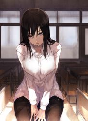 Rule 34 | 1girl, black hair, black pants, breasts, chair, classroom, collarbone, desk, dress shirt, eisuto, grey eyes, highres, indoors, large breasts, light particles, long hair, long sleeves, looking at viewer, on desk, open mouth, original, pants, parted lips, school, school uniform, shirt, sidelocks, sitting, on desk, solo, sunlight, v arms, white shirt