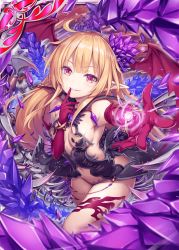 Rule 34 | 1girl, akkijin, bare shoulders, bat wings, black dress, blonde hair, breasts, crystal, demon girl, demon wings, dress, elbow gloves, elf, finger to mouth, gloves, glowing crystal, hair ornament, jewelry, looking at viewer, official art, orb, pointy ears, red eyes, red gloves, red sky, shinkai no valkyrie, short dress, sky, small breasts, underwear, wings