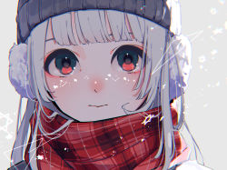 Rule 34 | 1girl, absurdres, black hat, blunt bangs, chromatic aberration, closed mouth, commentary request, earmuffs, grey background, grey hair, hat, hexagram, highres, knit hat, looking at viewer, original, pentagram, plaid, plaid scarf, portrait, red scarf, ritao kamo, scarf, shapes, simple background, solo, star (symbol), triangle, winter clothes