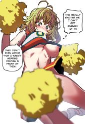 Rule 34 | 1girl, absurdres, antenna hair, bare shoulders, blonde hair, blue eyes, blush, boku no hero academia, breasts, cheerleader, closed mouth, crop top, english text, female pervert, from below, hagakure tooru, hands up, highres, hinghoi, holding, holding pom poms, jumping, large breasts, looking down, medium hair, messy hair, midriff, miniskirt, navel, nipples, one breast out, pervert, pom pom (cheerleading), pom poms, public indecency, simple background, skirt, solo, thick eyelashes, thought bubble, u.a. cheerleader uniform, underboob, unusually visible