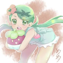 Rule 34 | 1girl, :d, bare arms, bare legs, bare shoulders, bent over, blush, bounsweet, breasts, carrying, cowboy shot, creatures (company), crossed arms, dark-skinned female, dark skin, floating hair, flower, game freak, gen 7 pokemon, green eyes, green hair, hair flower, hair ornament, headband, highres, leaning forward, long hair, looking at viewer, mallow (pokemon), nintendo, open mouth, outline, overalls, parted bangs, pokemon, pokemon (creature), pokemon sm, shirokoro, small breasts, smile, teeth, tongue, trial captain, twintails