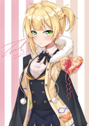 Rule 34 | 1girl, blonde hair, box, braid, crown braid, dated, gift, gift box, girls&#039; frontline, giving, green eyes, heart, heart-shaped box, holding, holding gift, hood, hood down, hooded jacket, incoming gift, jacket, long sleeves, looking at viewer, ribbon, short hair, short twintails, signature, skirt, solo, twintails, twitter username, unel, valentine, welrod mkii (girls&#039; frontline)