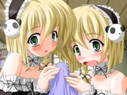 Rule 34 | 2girls, bare shoulders, blonde hair, blush, bulge, character request, choker, erection, erection under clothes, giga, green eyes, handjob, indoors, maid, multiple girls, open mouth, penis, short hair, siblings, surprised, sweatdrop, twins, yakimochi twinbell