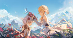 Rule 34 | 2girls, armor, bare shoulders, bird, black gloves, blonde hair, blue sky, closed eyes, closed mouth, dated, dated commentary, detached sleeves, dress, facing down, fingerless gloves, floating hair, flower, gauntlets, genshin impact, gloves, grey hair, hair flower, hair ornament, highres, kneeling, long sleeves, looking at another, lumine (genshin impact), multiple girls, noelle (genshin impact), outdoors, pigeon, red flower, red rose, rose, short hair, short hair with long locks, sidelocks, sky, smile, standing, white dress, yajuu, yellow eyes