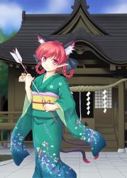 Rule 34 | 1girl, alternate costume, alternate hairstyle, animal ears, arrow (projectile), bell, blush, braid, braided hair rings, cat ears, cat tail, ema, extra ears, hair rings, hamaya, isaki (gomi), japanese clothes, jingle bell, kaenbyou rin, kimono, looking at viewer, multiple tails, pointy ears, red eyes, red hair, shrine, smile, solo, tail, touhou, twin braids