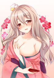 Rule 34 | 10s, 1girl, :d, alternate costume, bare shoulders, breasts, brown eyes, cleavage, collarbone, cup, curly hair, headgear, holding, japanese clothes, kantai collection, kimono, large breasts, long hair, looking at viewer, off shoulder, open mouth, pink kimono, pola (kancolle), rinka (yuyutei), sakazuki, silver hair, smile, solo, undressing, yukata