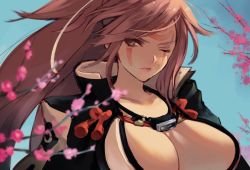 Rule 34 | 1girl, amputee, baiken, big hair, black jacket, black kimono, blue sky, breasts, cherry blossoms, commentary request, guilty gear, guilty gear xrd, jacket, jacket on shoulders, jako (toyprn), japanese clothes, kataginu, kimono, large breasts, long hair, multicolored clothes, multicolored kimono, one-eyed, open clothes, open kimono, pink hair, ponytail, red eyes, samurai, scar, scar across eye, scar on face, sky, white kimono